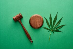 top-view-of-green-marijuana-leaf-with-wooden-gavel-GYVX475.jpg